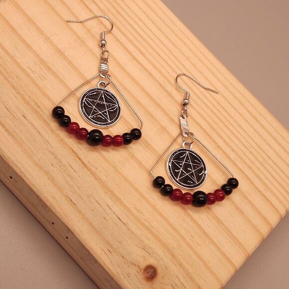 Pentagram Charm Earrings with Black and Red Beads – Gothic, Boho Witchy Jewelry - Picture 3 of 3